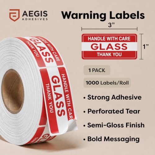 1" X 3" Glass Stickers (1000 Labels, 1 Roll) - Handle with Care Thank You - color: Glass 1" X 3"