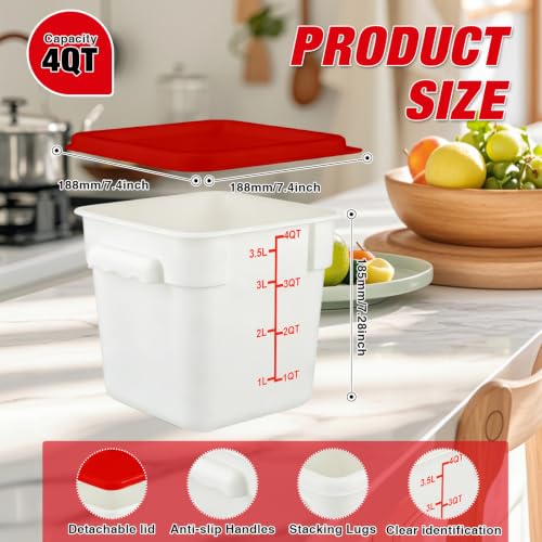 Square Food Containers with Lids 4-Pack, Commercial Grade Plastic Bins for Restaurant Kitchen Pantry Storage, Freezer & Dishwasher Safe (Red, 4QT-4PACK) - size: 4QT-4PACK