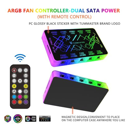 ARGB Fan HUB, 9/10 Port 4 Pin PC Fan Controller, 5V-3Pin LED Hub, Magnetic Suction, SATA Power Input,RF Remote & Chassis Key Control,Controller Support ARGB PWM Fans Splitter (J-10 Pro) - color: J-10 Pro
