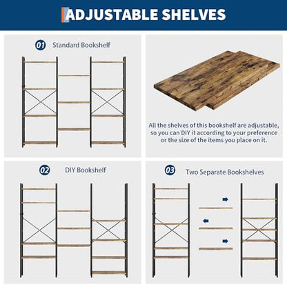 54.6" Triple Wide Rustic Industrial Bookshelf Adjustable Shelves