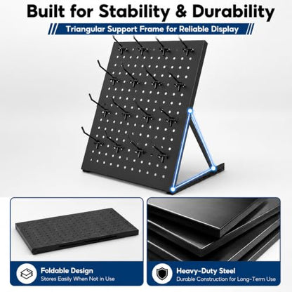 2 Pack Pegboard Display Stand, Metal Peg Board with 32 Hooks, Adjustable Angle & Foldable Design, Thick Steel Panel, Durable Tabletop Rack 16''x12'' for Vendor Display, Craft Show, Jewelry Display(Black silver) - color: Black silver