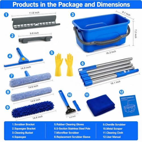 Window Cleaning Kit - 3 Gal Bucket, 15" Microfiber Scrubber & Chenille Sleeve, 14" Squeegee with 79" Extension Pole, Metal Scraper, Indoor & Outdoor Window Tools for Home & Commercial Use