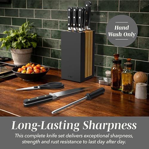 COOK WITH COLOR 14 Pieces Kitchen Knife Block Set, Knives for Kitchen, Forged Cutlery with Razor-Sharp High Carbon Steel Blades, Magnetic Block - color: Black