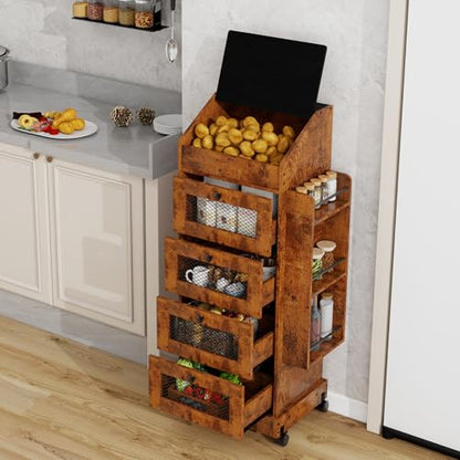 ARTETHYS Potato Storage Bin 5-Tier Rolling Bread Box Cabinet with Side Rack - color: Rustic