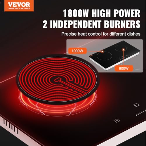 VEVOR Electric Radiant Cooktop, 24in 2 Burners Built-in Electric Stove Top, 1800W Ceramic Top Cooktop with Glass Panel, Touch Control, 9 Heat Level, Residual Heat Indicator,Timer, Child Lock, 120V - size: 24 IN-2 Burner+Touch Control