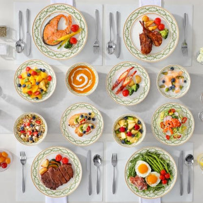 Bone China Dinnerware Set for 4, 12 Pcs White Plates and Bowls, Green Rim - color: Green