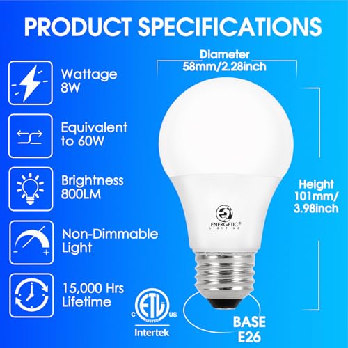 E ENERGETIC LIGHTING Light Bulbs 60 Watt Equivalent, A19 Cool White LED Light Bulbs, 15000 Hrs E26 Base, 8W, 800LM, 4000K Light Bulb, ETL Listed, Non-Dimmable, 24-Pack - size: 24 Count (Pack of 1)