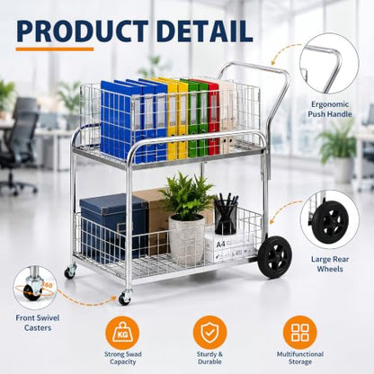 BreezeHug Mail Cart with Wheels for Office, 2 Shelf Basket Wire Cart