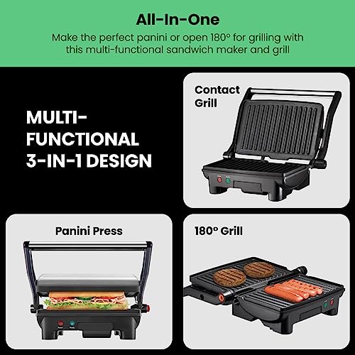 Chefman Electric Panini Press Grill, Compact 2-Slice Sandwich Maker, Non-Stick Coated Plates, Opens 180 Degrees, Dishwasher Safe, Removable Drip Tray, Stainless Steel/Black