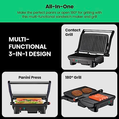 Chefman Electric Panini Press Grill, Compact 2-Slice Sandwich Maker, Non-Stick Coated Plates, Opens 180 Degrees, Dishwasher Safe, Removable Drip Tray, Stainless Steel/Black