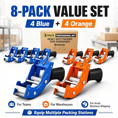 8 Pack Professional 3-Inch Tape Gun Dispenser, Heavy-Duty Packing Tape Dispenser for Shipping Boxes, Quick Reload, Works with Standard & Thick Tape, Ergonomic Handle for Warehouse, Moving & Office - size: 8 pack