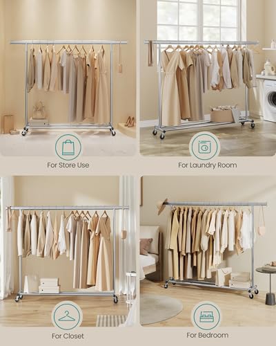 SONGMICS Clothes Rack with Wheels, Heavy-Duty, 330 lb Load Capacity - color: Silver, size: 17.7"D x (63"-78.7")W x 63.6"H
