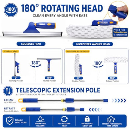 ITTAR Window Squeegee with 2 Sets Separate Pole, 12" Rubber Squeegee and 11" Microfiber Pads, 60"-73.6" Telescopic Window Cleaning Kit with Rotating Head for High Windows, Shower Glass, Car Windshield - color: White&blue