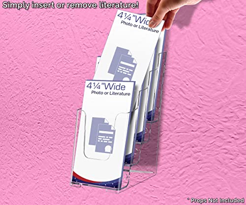 Marketing Holders 4”W Brochure Holder Displays Organizer Handout Take One Advertisements Tri-fold Brochures Acrylic Four Pocket Counter Top or Wall Mount Design Tiered Pamphlet Maps Menu