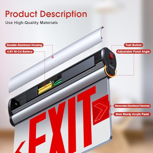 Led Edge-Lit Exit Sign ,Brushed Aluminum Housing Double-Sided Mirrored Rotating Acrylic Panel,Hardwired Emergency Exit Signs with Battery Backup, 120V-347VAC,Red Led Emergency Exit Light for Business , UL Listed,Top/Side/Wall Mount(1 Pack) - size: Double