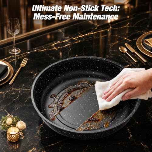 Chafing Dishes for Buffet, 4 Pack 9QT Gold Buffet Display Set, Granite-Coated Round Stainless Steel Food Warmers with Glass Lid Holder & Rolled-Edge, Stackable Storage Catering Events Supplies