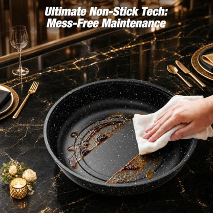 Chafing Dishes for Buffet, 4 Pack 9QT Gold Buffet Display Set, Granite-Coated Round Stainless Steel Food Warmers with Glass Lid Holder & Rolled-Edge, Stackable Storage Catering Events Supplies