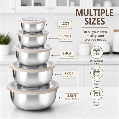 E-far Mixing Bowls with Lids Set of 5, Stainless Steel Nesting Salad Bowls - color: Khaki
