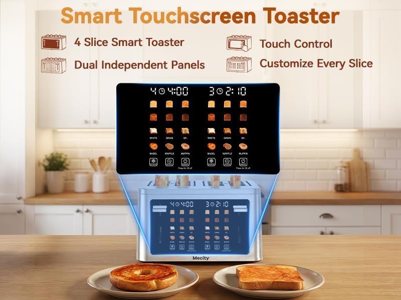 Mecity 4 Slice Touchscreen Toaster, 6 Bread Modes & 6 Browning Levels, Dual Touch Control Wide Slot Stainless Steel Electric Toaster with Memory, Defrost, 3-Min Auto Shutoff for White, Bagels, Waffles - color: 4 Slot-Brushed stainless steel