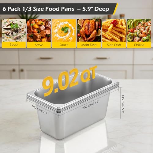 Dyna-Living Steam Table Pan 1/3 Size Food Pan 6 Inch Deep 6 Pack Hotel Pans - color: Without Lids, size: 6 Inch Deep