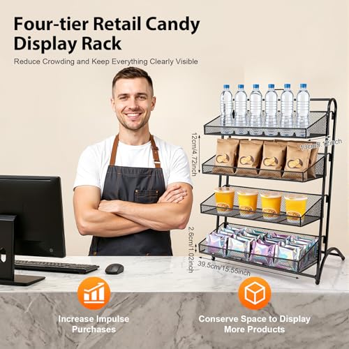 4-Tier Retail Candy Display Rack, Countertop Snack & Chip Shelf for Stores - color: Black