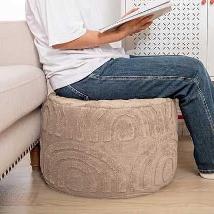 Round Ottoman Pouf Foot Stool, Khaki, 20x14 In,Hassock,Sofa Couch Foot Rest - color: Khaki, size: 20"D x 20"W x 14"H