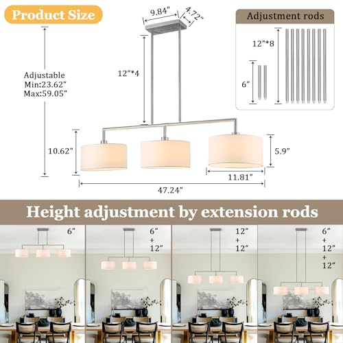 47" Linear Kitchen Island Lighting 3-Light Brushed Nickel Chandelier with White Fabric Drum Shade Adjustable Hanging Pendant Light for Dining Room Light Fixtures Over Table,Kitchen,Bar,Living Room,E26 - color: Brushed Nickel