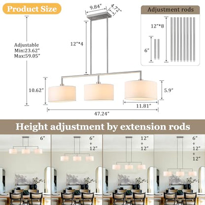 47" Linear Kitchen Island Lighting 3-Light Brushed Nickel Chandelier with White Fabric Drum Shade Adjustable Hanging Pendant Light for Dining Room Light Fixtures Over Table,Kitchen,Bar,Living Room,E26 - color: Brushed Nickel