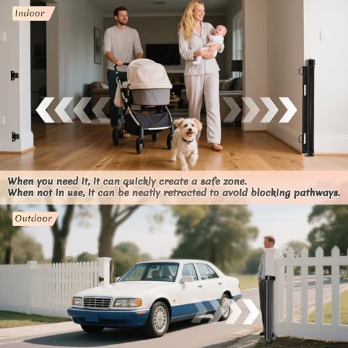 Miumoon 120 inch Reinforced Retractable Baby Gates 34 inch Tall - color: Black, size: 34" Tall x 120" Wide