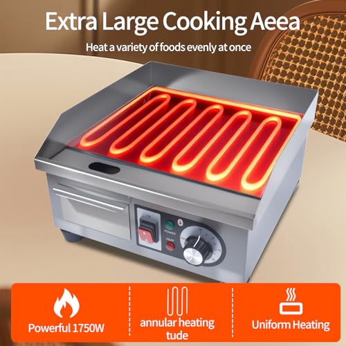 Commercial Electric Griddle, 1500W Countertop Flat Top Grill, 14.2in Stainless Steel Griddle Grill with 2 Shovels and 2 Brushes for Home or Restaurant, 122℉-572 ℉ Adjustable Temp