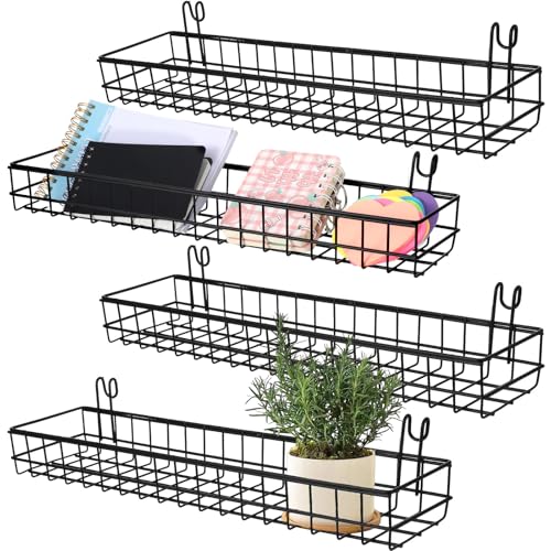4 Pcs Wire Baskets Wall Grid Panel Hanging Wire Basket Hanging Wall Baskets No Drilling Wall Hanging Baskets Grid Wall Storage Basket for Kitchen Bathroom Home Decor Supplies, Black