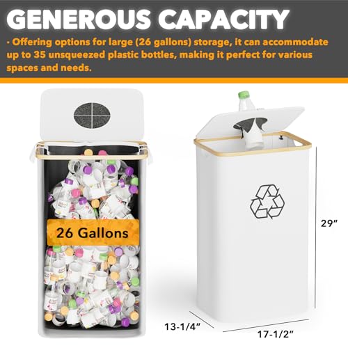 SpaceAid Recycling Bin for Kitchen 26 Gallon, 100L Recycle Bin with Lid and 2 Reusable Inner Bags, for Bottle Can Glass Plastic Stickers, White - color: White