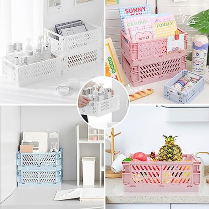 4 Pack Collapsible Small Storage Bins and Baskets, Desk and Locker Organizer Bins, 2 Medium + 2 Small Foldable Plastic Crates for Classroom, Craft and Bathroom(Pink) - color: Pink
