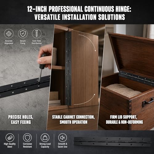 12 Inch Continuous Piano Hinge –4-piece Heavy Duty Black Steel Hinges for Cabinet, Door, Box & Furniture – Smooth Operation, Rust Resistant Finish