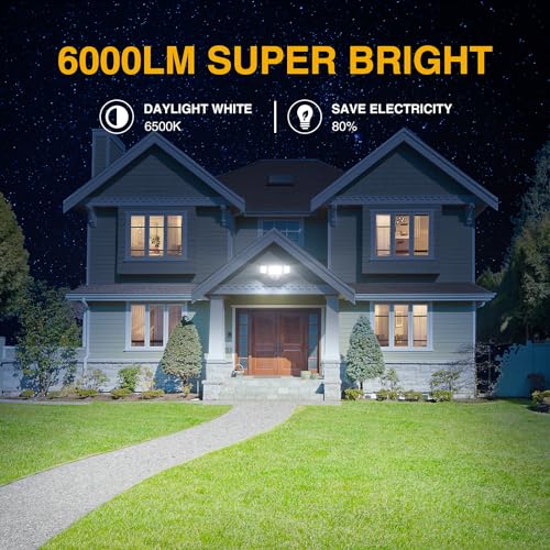 Onforu Dusk to Dawn Outdoor Lighting,60W 6000LM Flood Lights Outdoor,Security Lights Wired with Remote,IP65 Waterproof Led Outdoor Light,3 Adjustable Heads Photocell Light for Garage Patio Yard,White