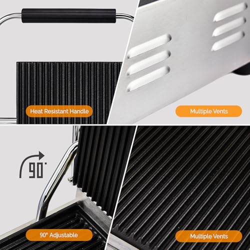Bonnlo 813 Commercial Sandwich Make, 3600W Stainless Steel Countertop Panini Press Grill with Adjustable Temp 122°F–572°F, For Steak, Burgers, Home & Restaurant Use, 110V, Silver - size: 12.2"D x 22.2"W x 8"H