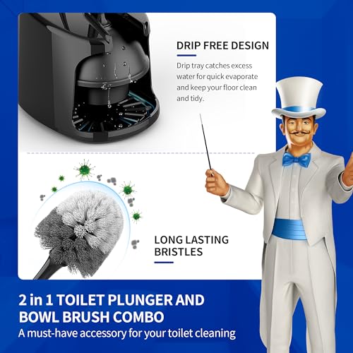 MR.SIGA Toilet Plunger and Brush with Holder for Toilet Cleaning, Black - color: Black