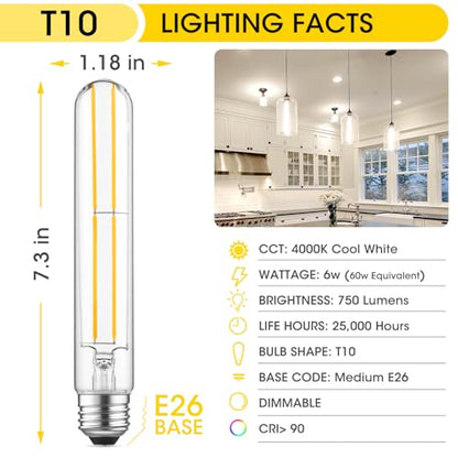 7.3" T10 Tubular LED Light Bulb, 60W Eq, Dimmable, Cool White 4000K, 6-Pack - color: Cool White, size: 7.3 Inch- 6 Count