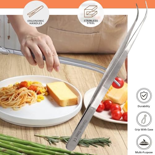 Professional Culinary Stainless Steel Precision Tongs With Serrated Tips - Plating/Food Presentation Detailing Serving - Chef's Kitchen Tweezer - Ultra Non-Slip Grip (8" Curved Slim) - size: 8" Curved Slim