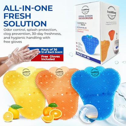 Urinal Screen Deodorizer With Gloves - 3D Wave Enzymatic Anti-Splash Urinal Cakes - Odor Protection Up To 30 Days - Long-Lasting Urinal Deodorizer for School, Offices, Cinemas Restrooms (Pack of 36)
