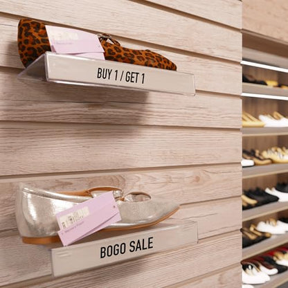 Slatwall Flat Clear Acrylic Shoe Shelf w/ 1.25" H x 10" L Sign Holding Slot, 4" D x 10" L, 1 Unit - size: 1 Unit