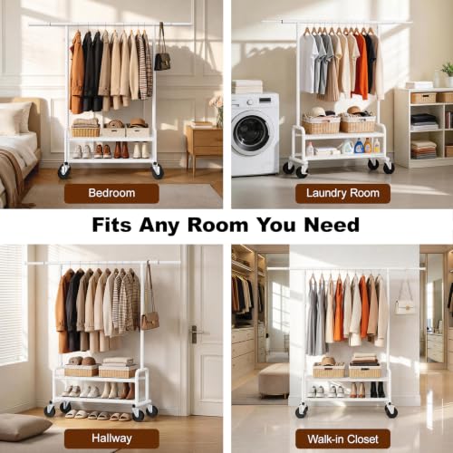 Clothes Rack Heavy Duty, 550 LBS Rolling Clothing Rack with Wheels, White - color: White