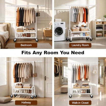 Clothes Rack Heavy Duty, 550 LBS Rolling Clothing Rack with Wheels, White - color: White