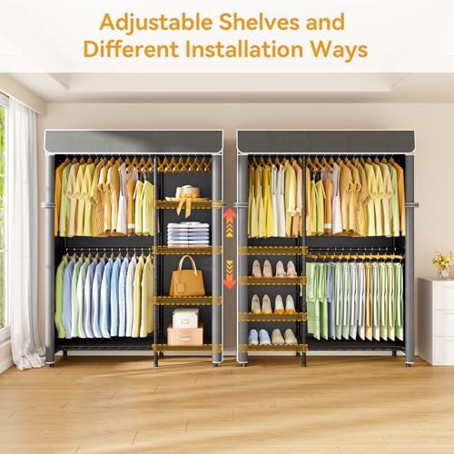 ULIFHOME F2C Covered Garment Rack 47.2" W x 16.5" D x 78.3" H, Load 692lbs - color: Black Closet with Dark Gray Cover