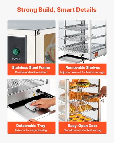 VEVOR 5-Tier Commercial Food Warmer Display, 800W Food Display Warmer with LED Light, Adjustable Shelf and Stainless Steel Frame, 86℉~185℉ Air Heating, 60L for Hamburger, Pizza, Bread, Fried Chicken - size: 5-Tier-63Qt