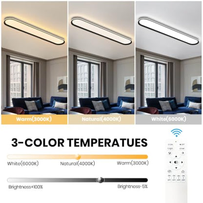 ADISUN Modern LED Ceiling Light Dimmable Linear Ceiling Light 47in Semi Flush Mount Long Lights with Remote Control and Side Lighting for Living Room Kitchen Dining Room (65W) - color: Black-1Pack, size: 47 Inch