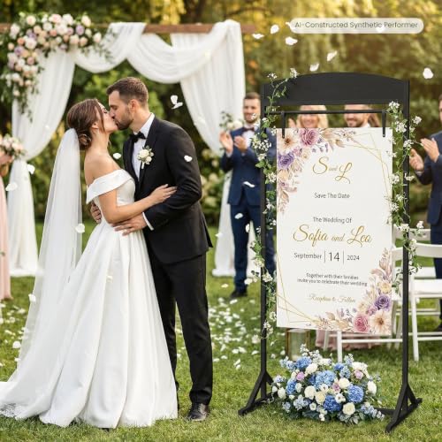 CHOEZON Wedding Welcome Sign Stand, Adjustable Wedding Sign Holder with 4 Leather Straps, 68"x31" Floorstanding Metal Poster Stand with Tripod Base, Display Stand for Wedding, Party, Black TCJ23BB