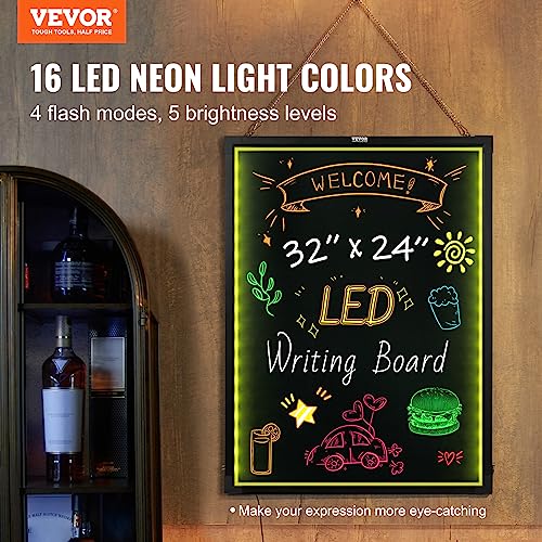 VEVOR 32"x24" LED Message Writing Board, Menu Sign Boards, Illuminated Erasable Lighted Chalkboard, Neon Effect Drawing Panel with 8 Fluorescent Chalk Markers and Remote Control - size: 32"W x 32"H