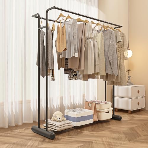 HKaikzo 59.4" Double Rod Metal Garment Rack, Heavy Duty Freestanding Clothing Rack with Bottom Shelf, Modern Sturdy Clothes Rack for Bedroom, Boutique Retail Display & Laundry Room Black - color: Black