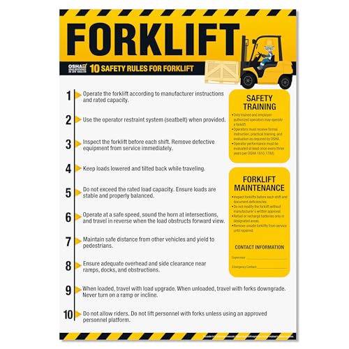 Forklift Safety Poster, OSHA Compliant Forklift Operation Safety Rules Sign Poster, 18"x24" Laminated Workplace Safety Rules Poster for Warehouse and Industrial Use, Waterproof, Tear-Resistant - size: Forklift